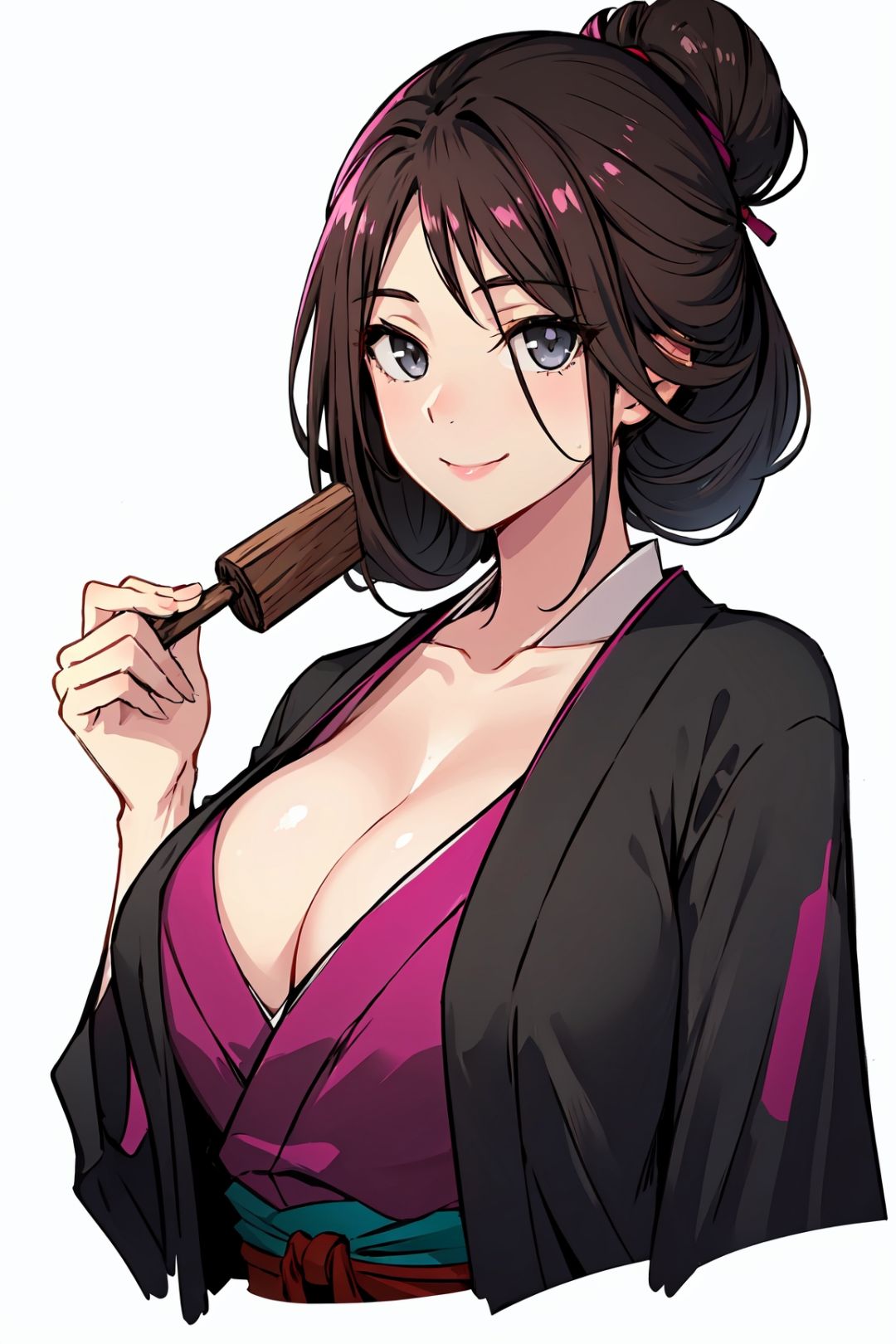 1girl, solo, japanese clothes, kimono, white background,cleavage,large breasts, looking at viewer, smile, upper body, holding, closed mouth, pink kimono, grey eyes, black hair, brown hair, haori, bangs,emma \(sekiro\),(shiny skin),(mature female:1.2),<lora:emma-v1.5-anyfinal-5ep:0.7>