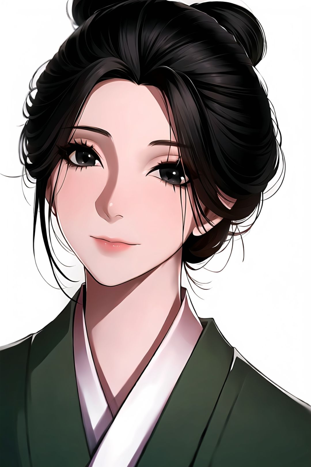 1girl, white background, black hair, closed mouth, japanese clothes, kimono, hair bun, looking at viewer, black eyes, single hair bun, portrait, upper body, brown eyes, short hair,emma \(sekiro\),(shiny skin),(mature female:1.2),<lora:emma-v1.5-anyfinal-5ep:0.7>