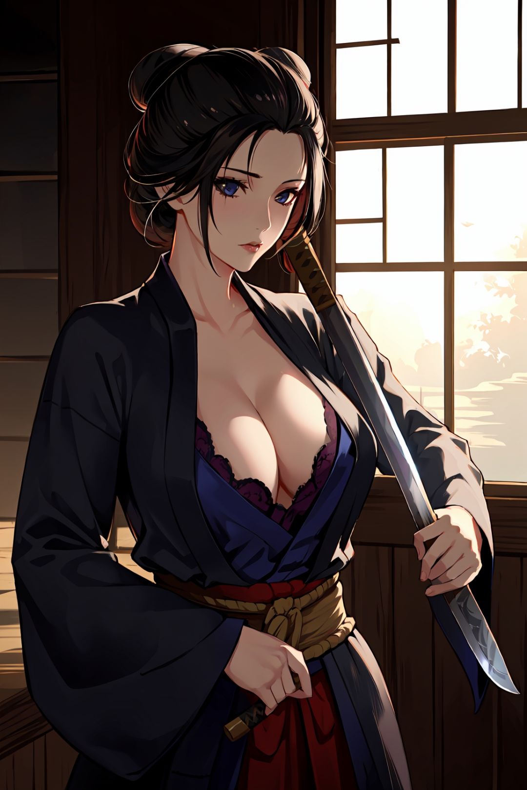 1girl, solo,cleavage,large breasts, sword, holding, holding weapon, hair bun, holding sword, upper body, indoors, black hair, long sleeves, katana, single hair bun,emma \(sekiro\),(shiny skin),(mature female:1.2),<lora:emma-v1.5-anyfinal-5ep:0.7>