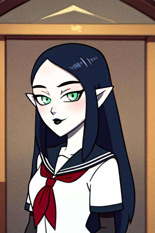 masterpiece, best quality, <lora:toh_lilith:0.8> toh_lilith, 1girl, solo, pale skin, green eyes, blue hair, long hair, pointy ears, serafuku, sailor collar, red neckerchief, upper body, looking at viewer, black lips, forehead, black nails, 