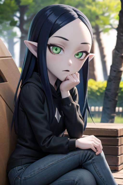 masterpiece, best quality, <lora:toh_lilith:0.8> toh_lilith, 1girl, solo, pale skin, green eyes, blue hair, long hair, pointy ears, forehead, black dress, long sleeves, upper body, hoodie, jeans, sitting, outdoors, park