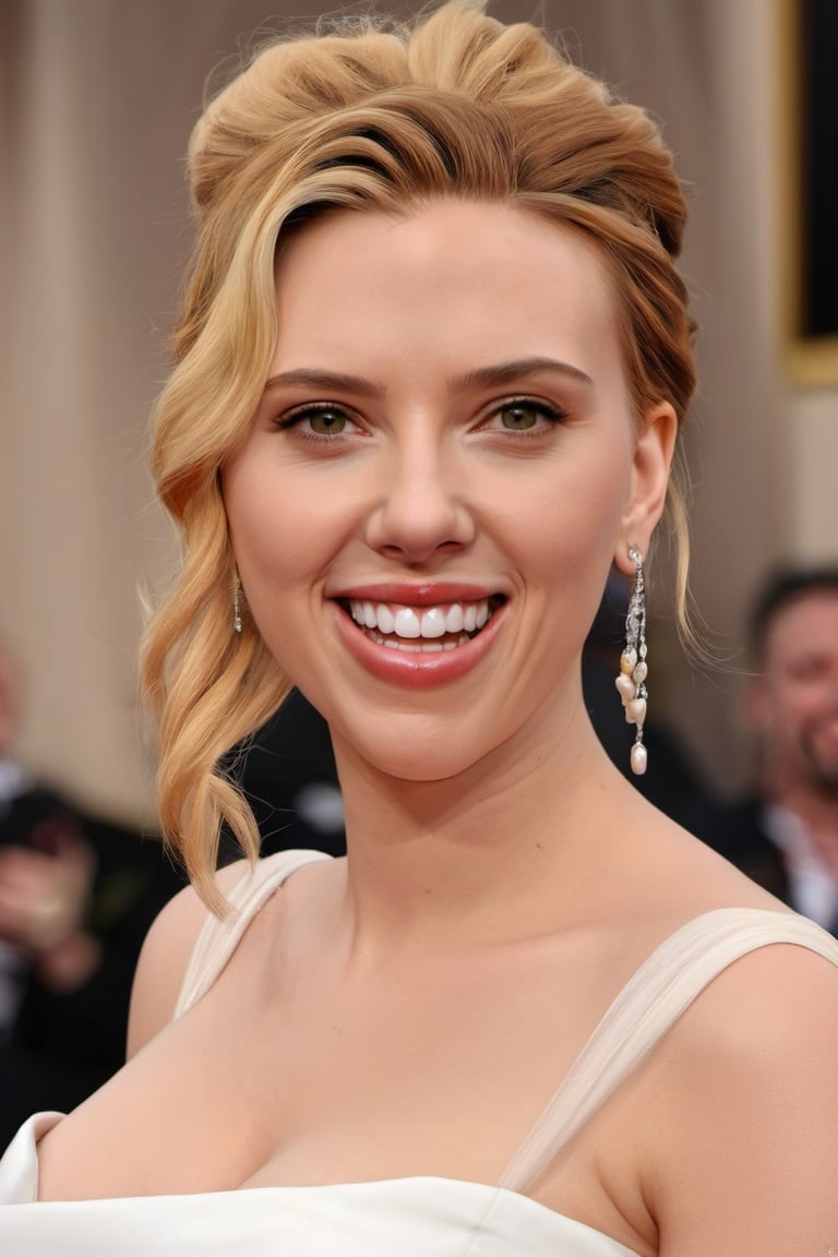 scarlett johansson, 1girl, blonde hair, realistic, smile, looking at viewer, dress, 1boy, white dress, earrings, jewelry, ponytail, teeth, grin, sleeveless, upper body, blurry, lips<lora:scarlett_johansson_xl:1>