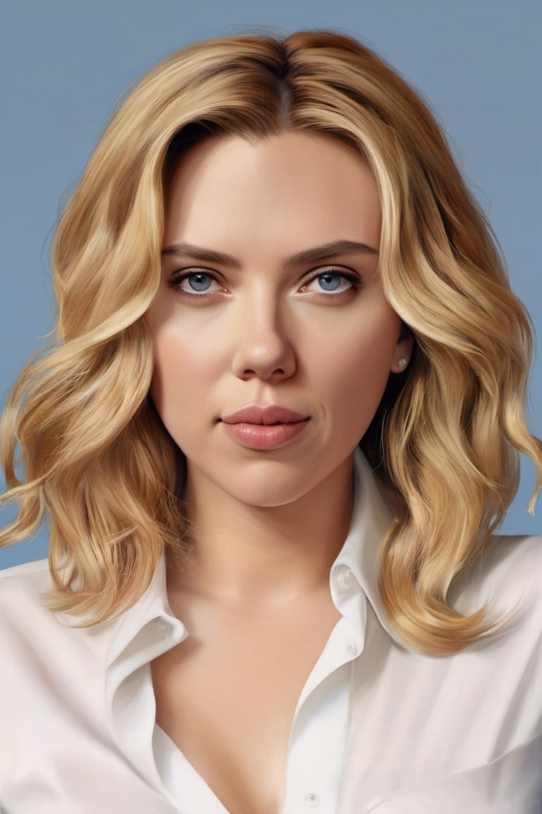 scarlett johansson, solo, 1girl, realistic, blonde hair, portrait, parted lips, looking at viewer, mole, lips, long hair, blue eyes, white shirt, looking at viewer, smile<lora:scarlett_johansson_xl:1>