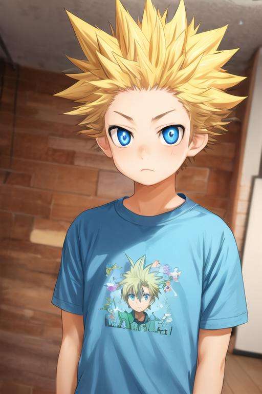 masterpiece, best quality, , 1boy, solo, male focus, looking at viewer, upper body, , <lora:takeshi_aiza:0.72>, takeshi_aiza, blonde hair, blue eyes, spiked hair, shirt,