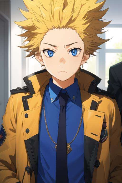 masterpiece, best quality, , 1boy, solo, male focus, looking at viewer, upper body, depth of field, <lora:takeshi_aiza:0.68>, takeshi_aiza, blonde hair, blue eyes, spiked hair, coat,