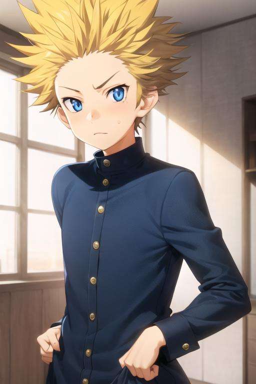 masterpiece, best quality, wallpaper, 1boy, solo, male focus, looking at viewer, upper body, depth of field, <lora:takeshi_aiza:0.70>, takeshi_aiza, blonde hair, blue eyes, spiked hair, gakuran,