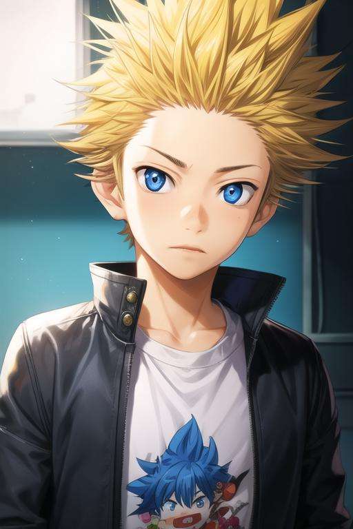 masterpiece, best quality, illustration, 1boy, solo, male focus, looking at viewer, upper body, depth of field, <lora:takeshi_aiza:0.70>, takeshi_aiza, blonde hair, blue eyes, spiked hair, gakuran,