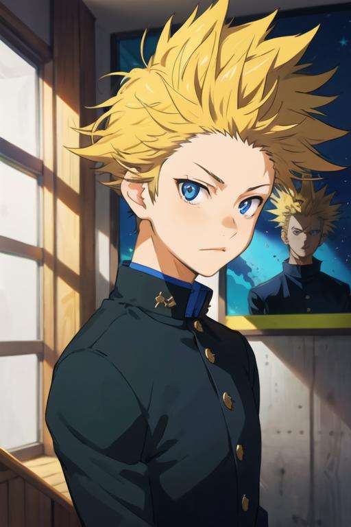 masterpiece, best quality, , 1boy, solo, male focus, looking at viewer, upper body, depth of field, <lora:takeshi_aiza:0.68>, takeshi_aiza, blonde hair, blue eyes, spiked hair, gakuran,