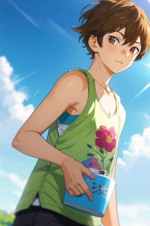 masterpiece, best quality, , 1boy, solo, male focus, looking at viewer, , depth of field, <lora:ryouta_watari:0.68>, ryouta_watari, brown hair, brown eyes, tank top,