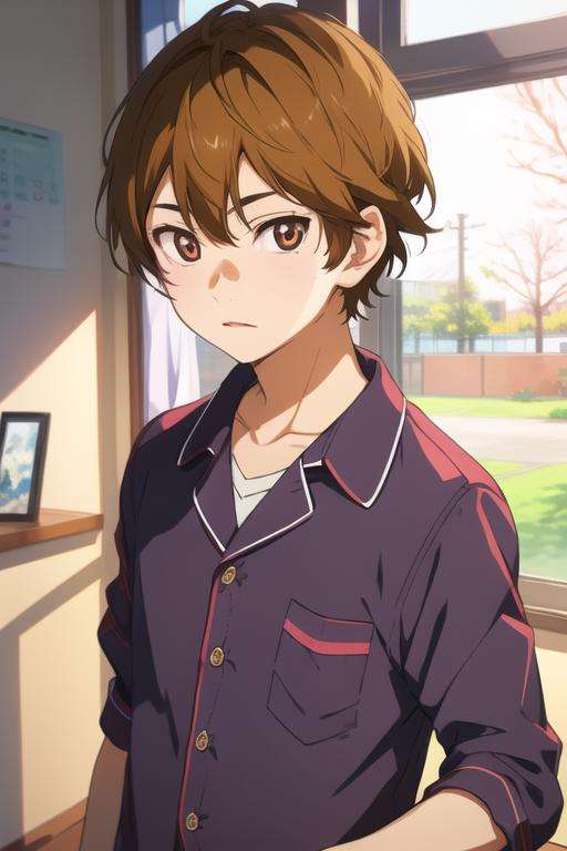 masterpiece, best quality, , 1boy, solo, male focus, looking at viewer, upper body, depth of field, <lora:ryouta_watari:0.66>, ryouta_watari, brown hair, brown eyes, pajamas,