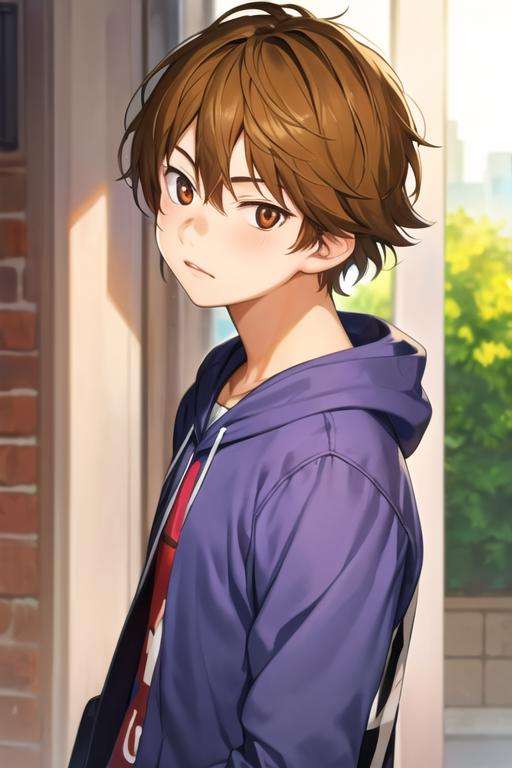 masterpiece, best quality, , 1boy, solo, male focus, looking at viewer, upper body, , <lora:ryouta_watari:0.70>, ryouta_watari, brown hair, brown eyes, hoodie,