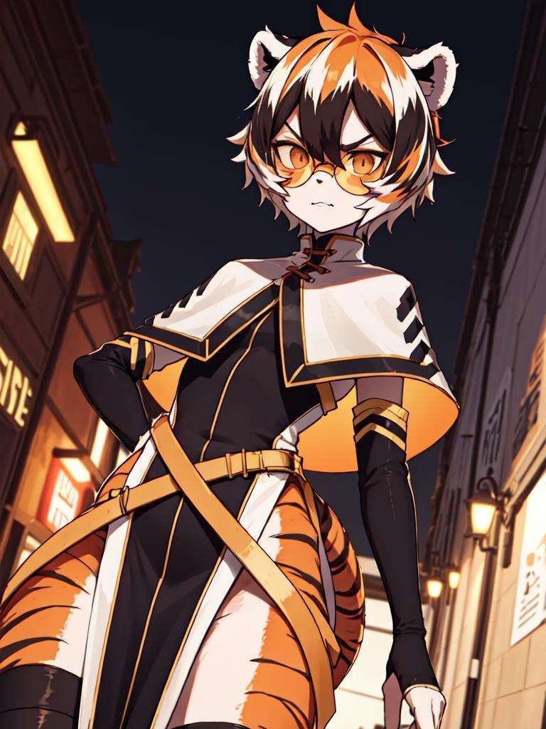 masterpiece, best quality, solo, (detailed eyes:0.9), (detailed lighting, depth of field:0.9), tiger stripe,Standing, white capelet, thighhighs, armwear, pelvic curtain, round glasses, black dress,city street, dutch angle, evening, angry, <lora:Waai_fu_Gen5-1-000014:0.6>