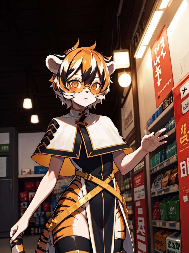masterpiece, best quality, solo, (detailed eyes:0.9), (detailed lighting, depth of field:0.9), tiger stripe,Standing, white capelet, thighhighs, armwear, pelvic curtain, round glasses, black dress,convenience store, upside-down, day, confused, <lora:Waai_fu_Gen5-1-000014:0.6>