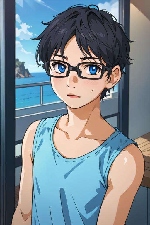 masterpiece, best quality, game cg, 1boy, solo, male focus, looking at viewer, upper body, , <lora:kousei_arima:0.74>, kousei_arima, black hair, glasses, blue eyes, tank top,