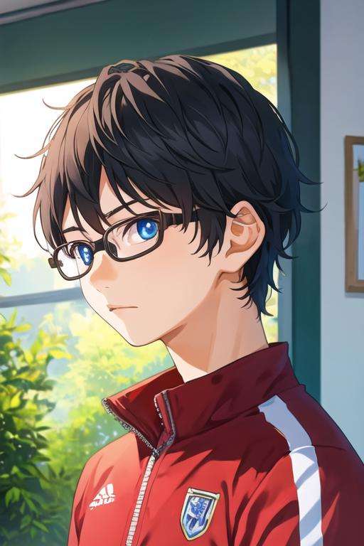 masterpiece, best quality, , 1boy, solo, male focus, looking at viewer, , , <lora:kousei_arima:0.64>, kousei_arima, black hair, glasses, blue eyes, track suit, hat