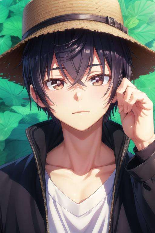 masterpiece, best quality, wallpaper, 1boy, solo, male focus, looking at viewer, , , <lora:rio_seirei_gensouki:0.66>, rio_seirei_gensouki, black hair, brown eyes, shirt, hat