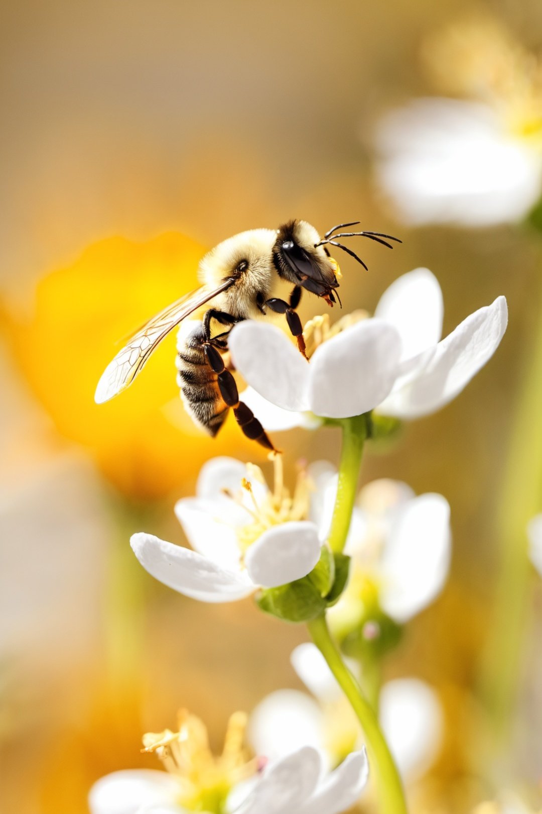 flower, no humans, wings, bug, blurry, white flower, bee, depth of field, bee wings, antennae