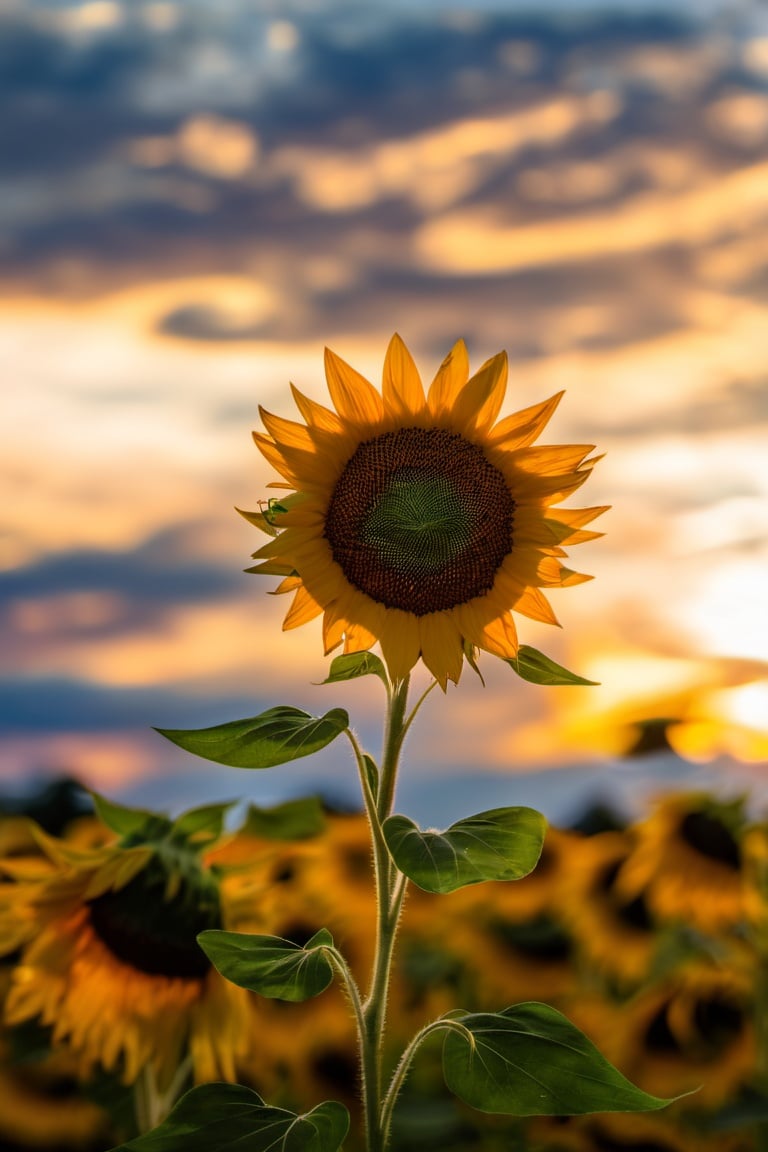 nature,sunflower, cloud, sky, blurry, cloudy sky, sunset, depth of field, blurry background, field, still life, leaf