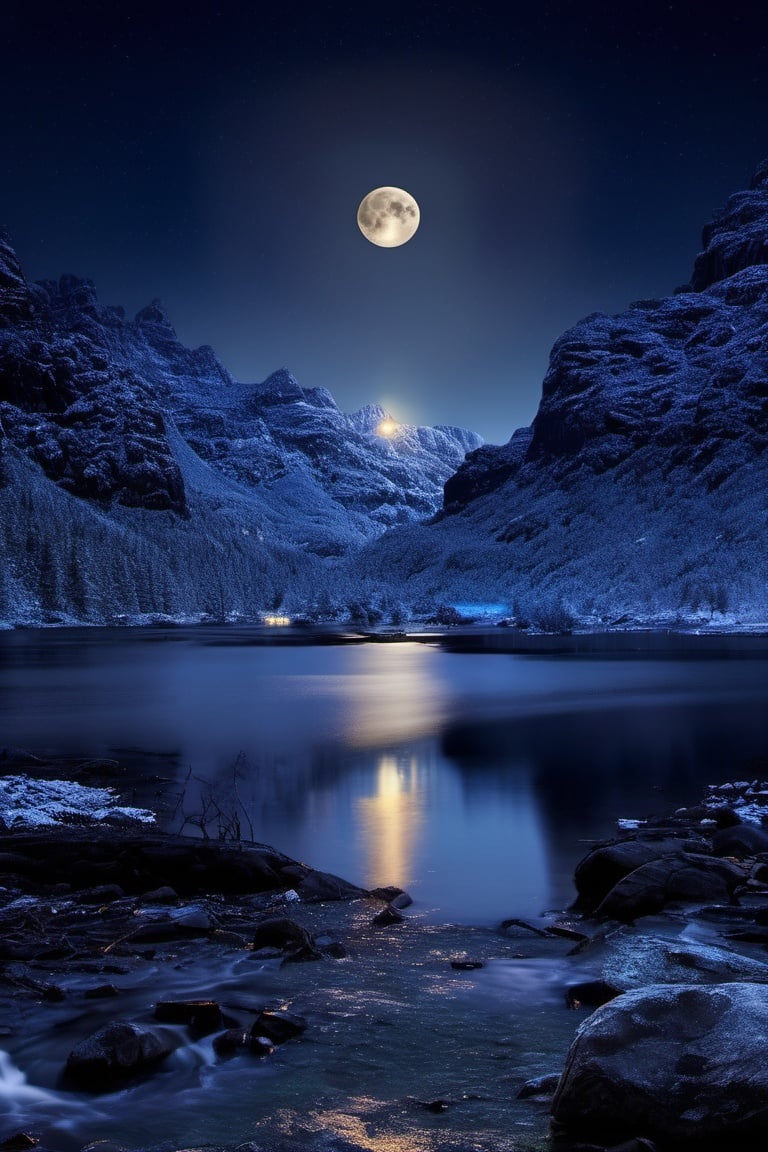 nature,night, sky, moon, mountain, night sky, water, rock, star \(sky\), reflection, river, lake