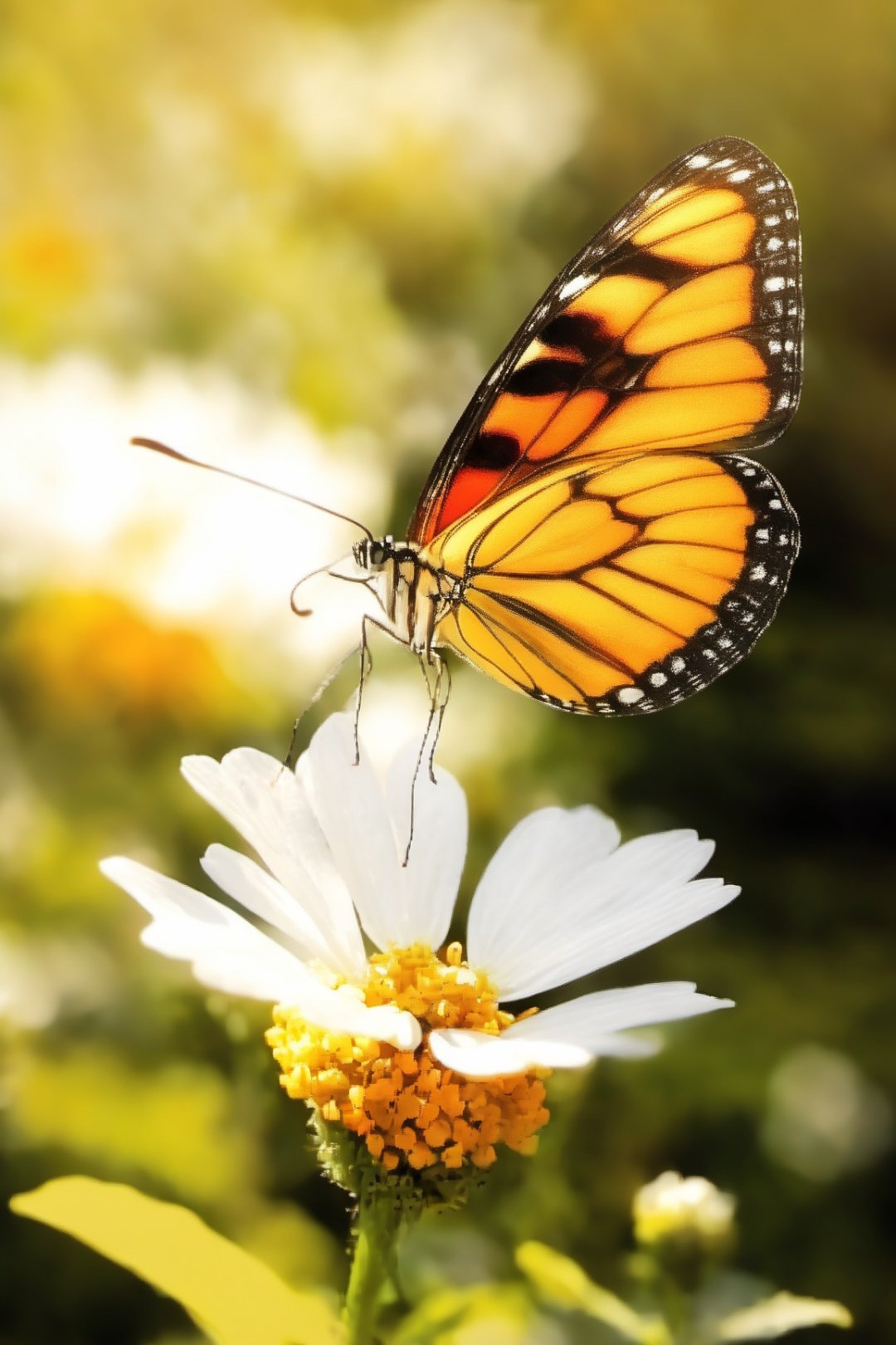 flower, no humans, wings, bug, blurry, white flower, butterfly, solo, depth of field, butterfly wings, antennae