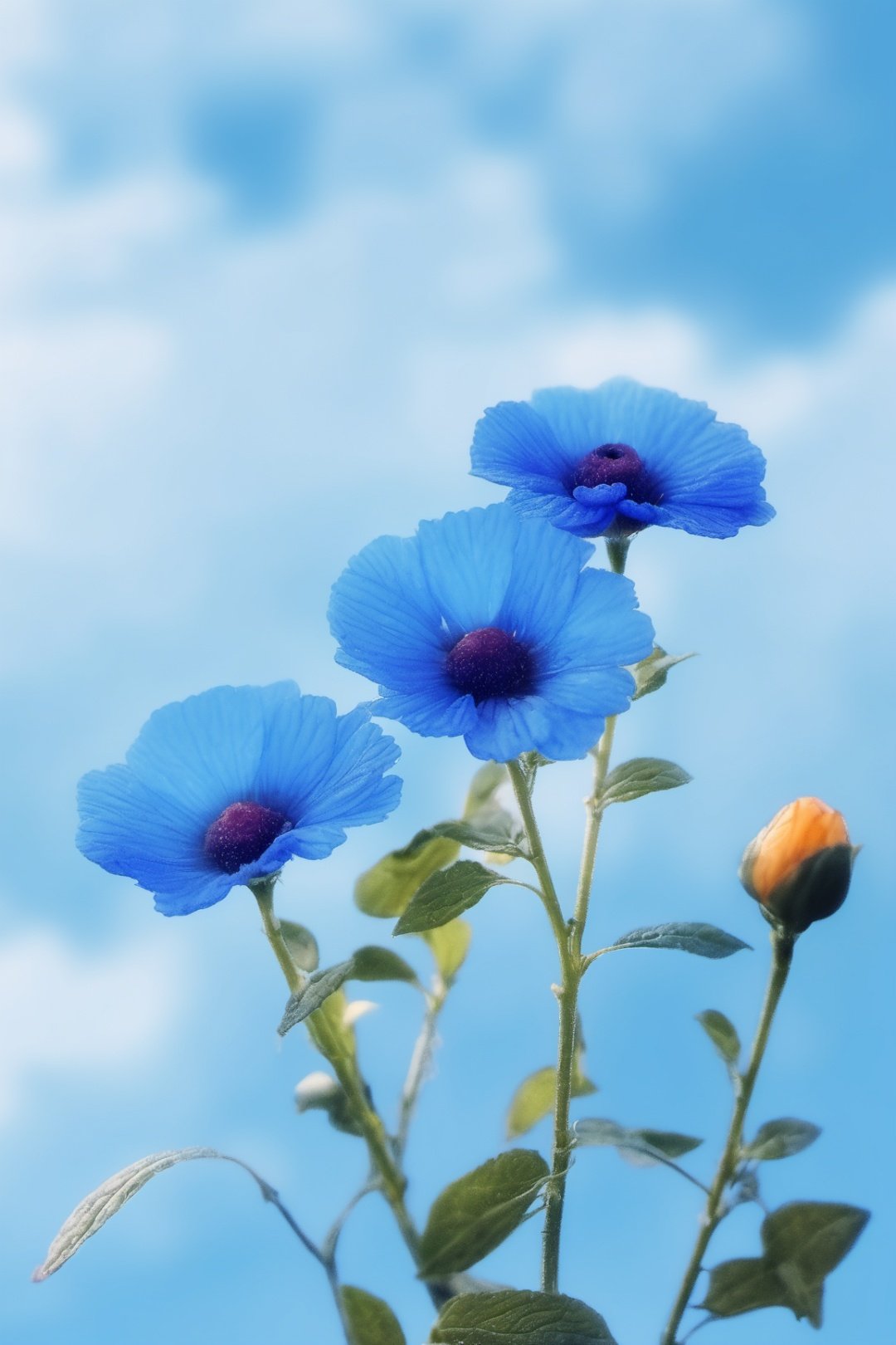 sky, blurry, blue sky, flower, day, depth of field

