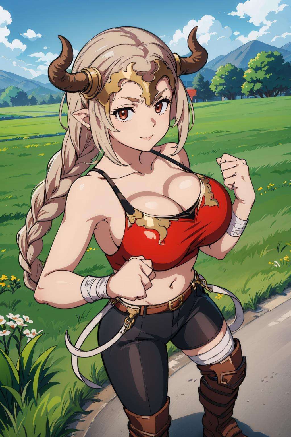 masterpiece, best quality, aliza, red eyes, headpiece, horns, single braid, red crop top, bandaged arm, black pants, brown boots, fighting stance, standing, large breasts, field, clenched fists, furrowed brow, looking at viewer, smile <lora:aliza-nvwls-v1-000012:1>