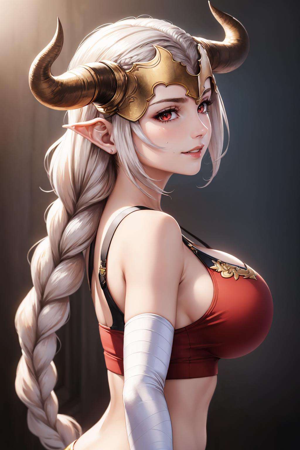 masterpiece, best quality, aliza, red eyes, headpiece, horns, single braid, red crop top, bandaged arm, portrait, fcHeatPortrait, from side, large breasts, shiny skin, smirk <lora:aliza-nvwls-v1-000012:0.8>