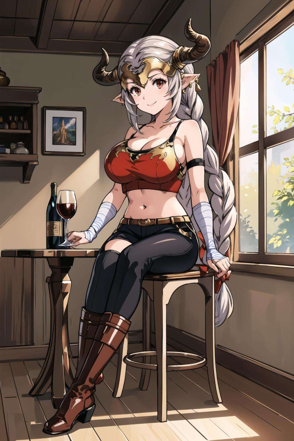 masterpiece, best quality, aliza, red eyes, headpiece, horns, single braid, red crop top, bandaged arm, black pants, brown boots, sitting, indoors, table, wine, chair, large breasts, looking at viewer, smile <lora:aliza-nvwls-v1-000012:1>