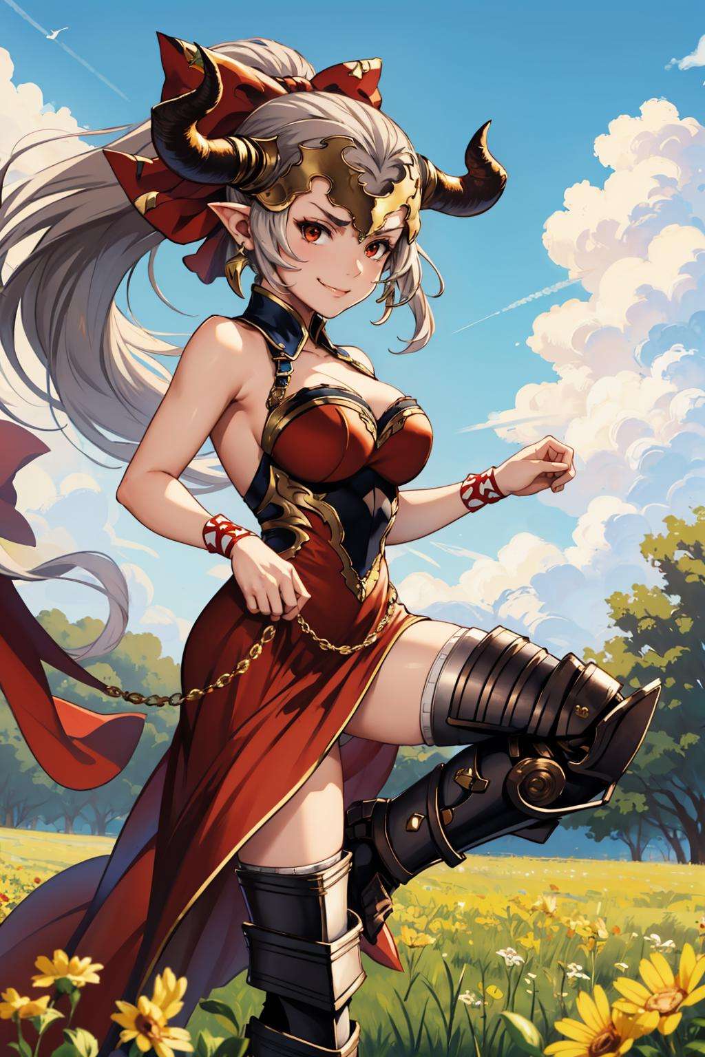 masterpiece, best quality, aliza, red eyes, hair bow, headpiece, horns, ponytail, red dress, detached collar, thigh boots, standing, fighting stance, looking at viewer, furrowed brow, smirk, field, sky, clouds <lora:aliza-nvwls-v1-000012:0.9>