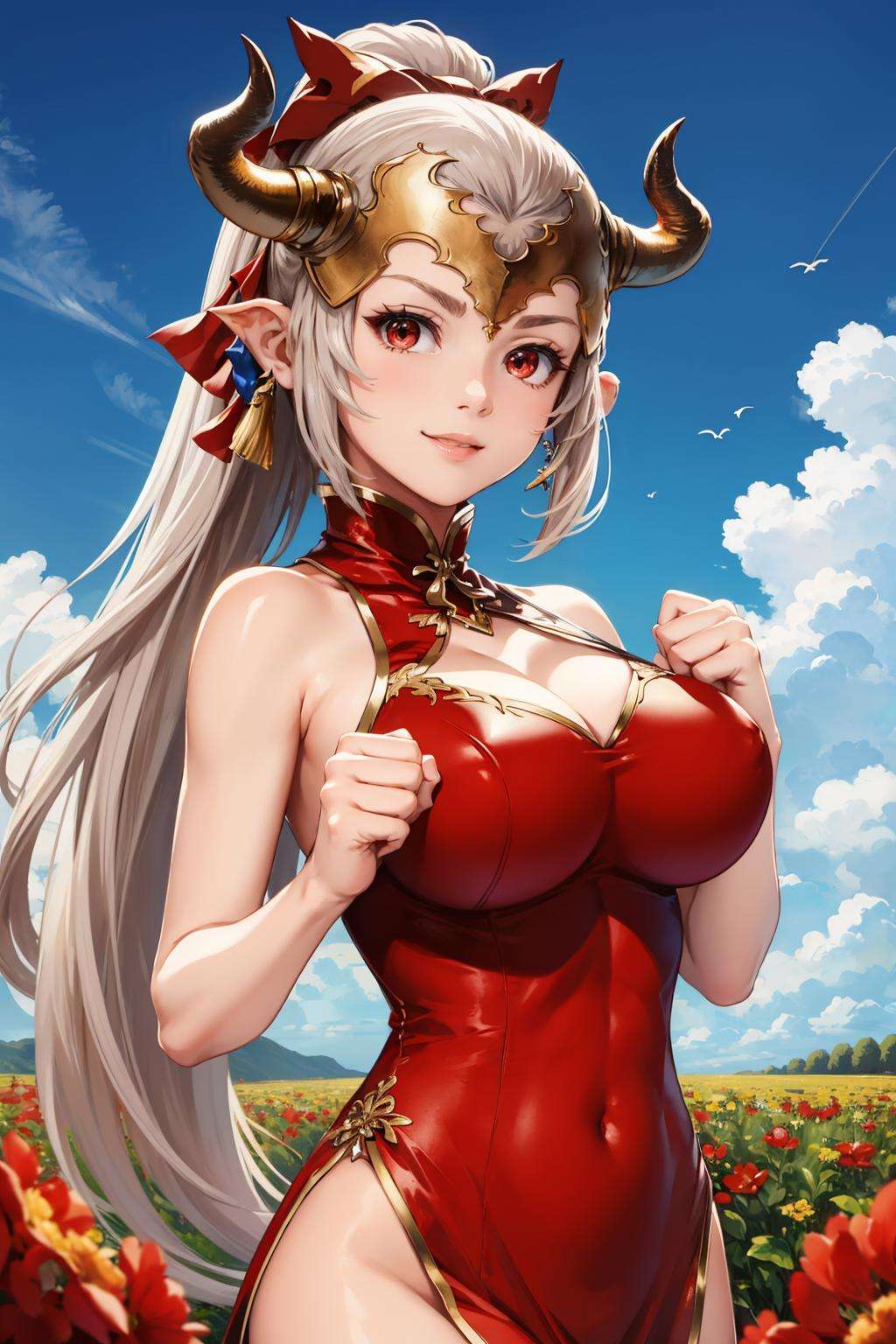 masterpiece, best quality, aliza, red eyes, headpiece, horns, ponytail, china dress, cleavage cutout, upper body, field, flowers, sky, large breasts, clenched fist, furrowed brow, smile, looking at viewer <lora:aliza-nvwls-v1-000012:0.9>