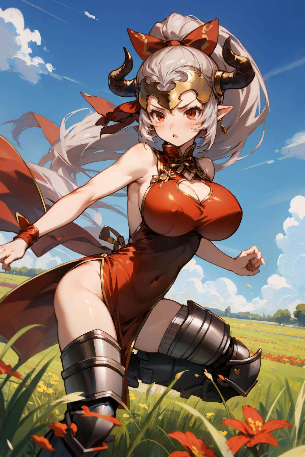 masterpiece, best quality, aliza, red eyes, headpiece, horns, ponytail, china dress, cleavage cutout, thigh boots, field, flowers, sky, large breasts, furrowed brow, kicking, sky <lora:aliza-nvwls-v1-000012:0.9>