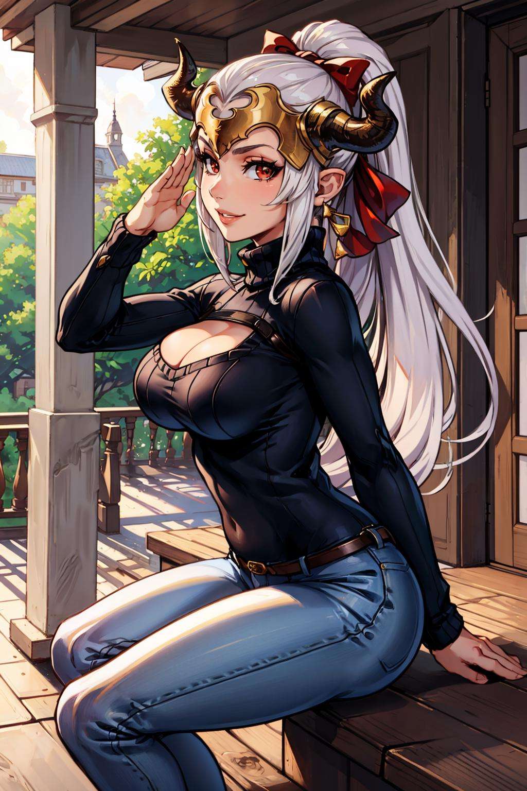 masterpiece, best quality, aliza, ponytail, red eyes, headpiece, horns, black sweater, jeans, from side, sitting, stairs, porch, large breasts, looking at viewer, smile, salute <lora:aliza-nvwls-v1-000012:0.8>