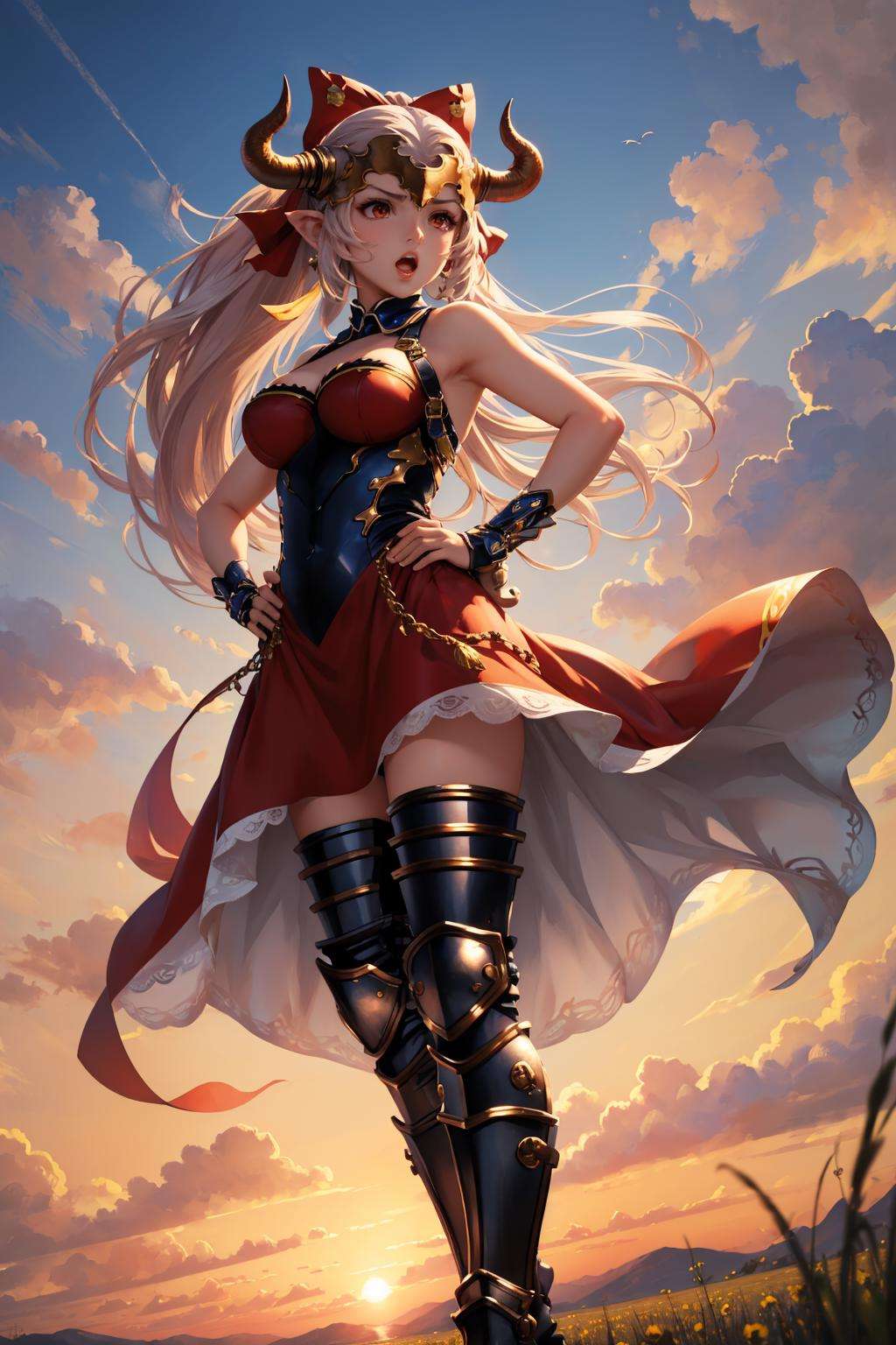 masterpiece, best quality, aliza, red eyes, hair bow, headpiece, horns, ponytail, red dress, detached collar, thigh boots, whole body, standing, hands to hips, from below, looking at viewer, furrowed brow, serious, open mouth, field, sky, sunset <lora:aliza-nvwls-v1-000012:0.9>