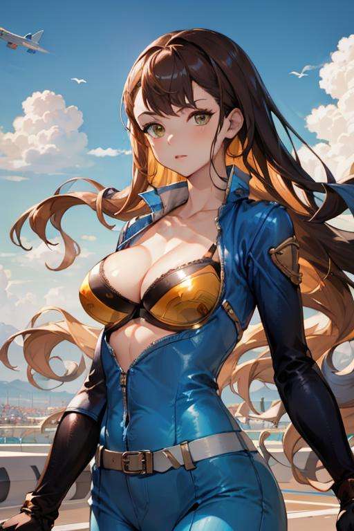 masterpiece, best quality, racebeatrix, collarbone, blue bodysuit, black bra, belt, fingerless gloves, upper body, sky, clouds, planes in the sky  <lora:beatrixgbf-nvwls-v1-000010:0.9>