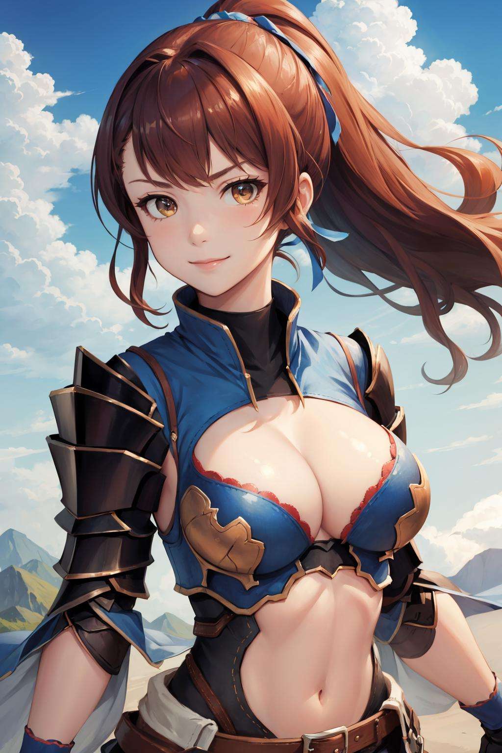 masterpiece, best quality, defbeatrix, ponytail, hair ribbon, armor, blue shirt, gloves, cleavage cutout, belt, short shorts, upper body, looking at viewer, furrowed brow, smile, closed mouth, large breasts, sky, clouds <lora:beatrixgbf-nvwls-v1-000010:0.8>