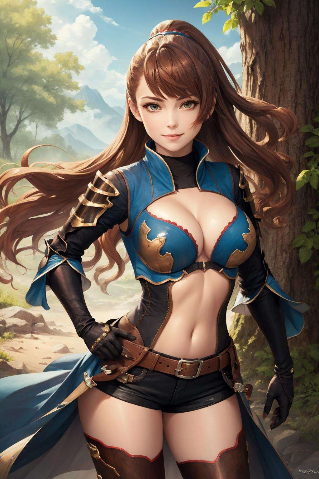 masterpiece, best quality, defbeatrix, ponytail, hair ribbon, gauntlets, blue shirt, gloves, cleavage cutout, belt, short shorts, thigh boots, hands to hips, looking at viewer, furrowed brow, smile, closed mouth, large breasts, sky, trees <lora:beatrixgbf-nvwls-v1-000010:0.8>