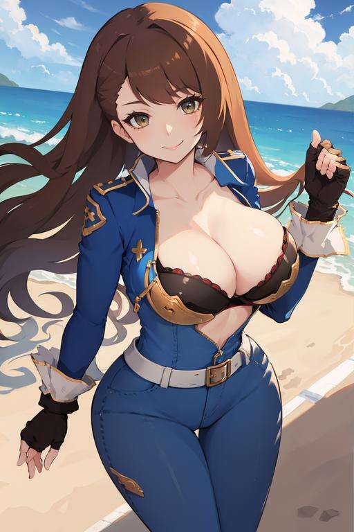 masterpiece, best quality, racebeatrix, collarbone, blue bodysuit, black bra, belt, fingerless gloves, cowboy shot, from above, sky, clouds, cloud trails, looking at viewer, smile<lora:beatrixgbf-nvwls-v1-000010:0.9>