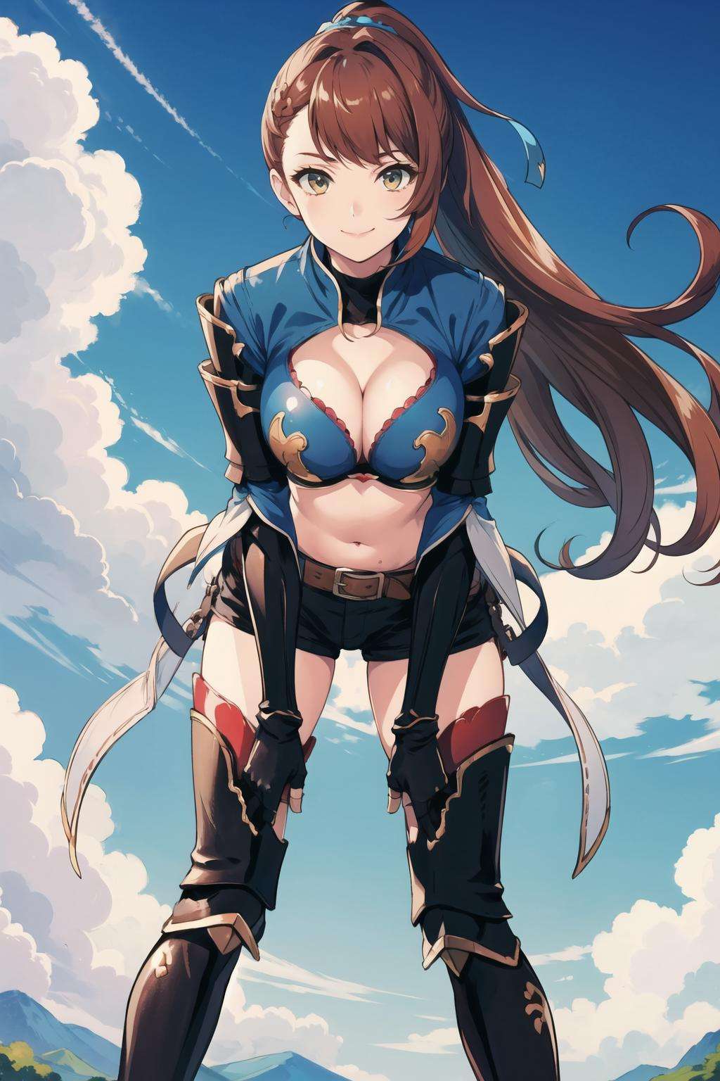 masterpiece, best quality, defbeatrix, ponytail, hair ribbon, gauntlets, blue shirt, gloves, cleavage cutout, belt, short shorts, thigh boots, from below, looking at viewer, smile, closed mouth, leaning forward, pov, large breasts, sky <lora:beatrixgbf-nvwls-v1-000010:0.8>