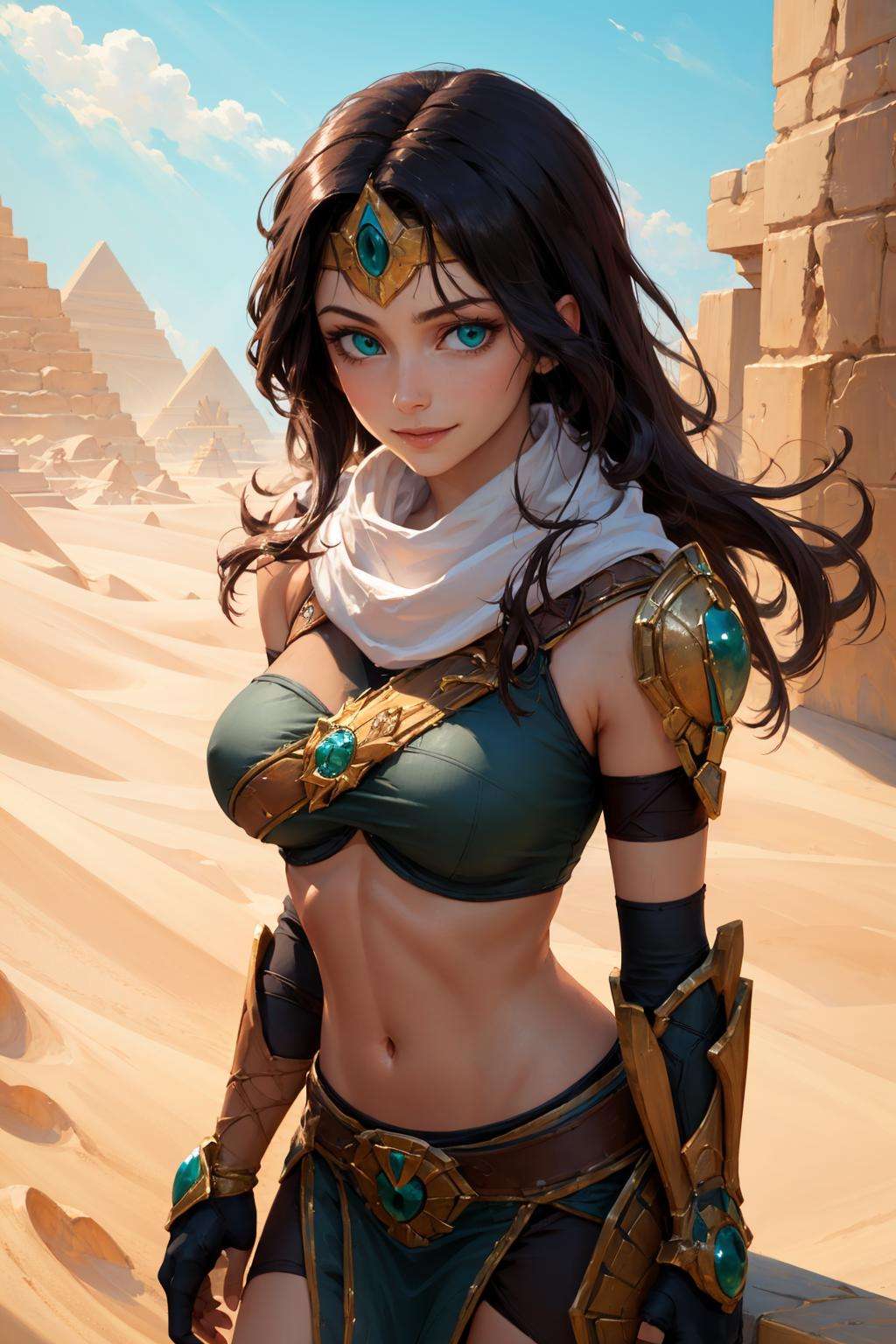 masterpiece, best quality, sivir, circlet, white scarf, bandeau, gauntlets, pelvic curtain, upper body, shiny skin, large breasts, looking at viewer, furrowed brow, smile, leaning forward, desert, egyptian architecture <lora:sivir-nvwls-v2-000012:0.9>