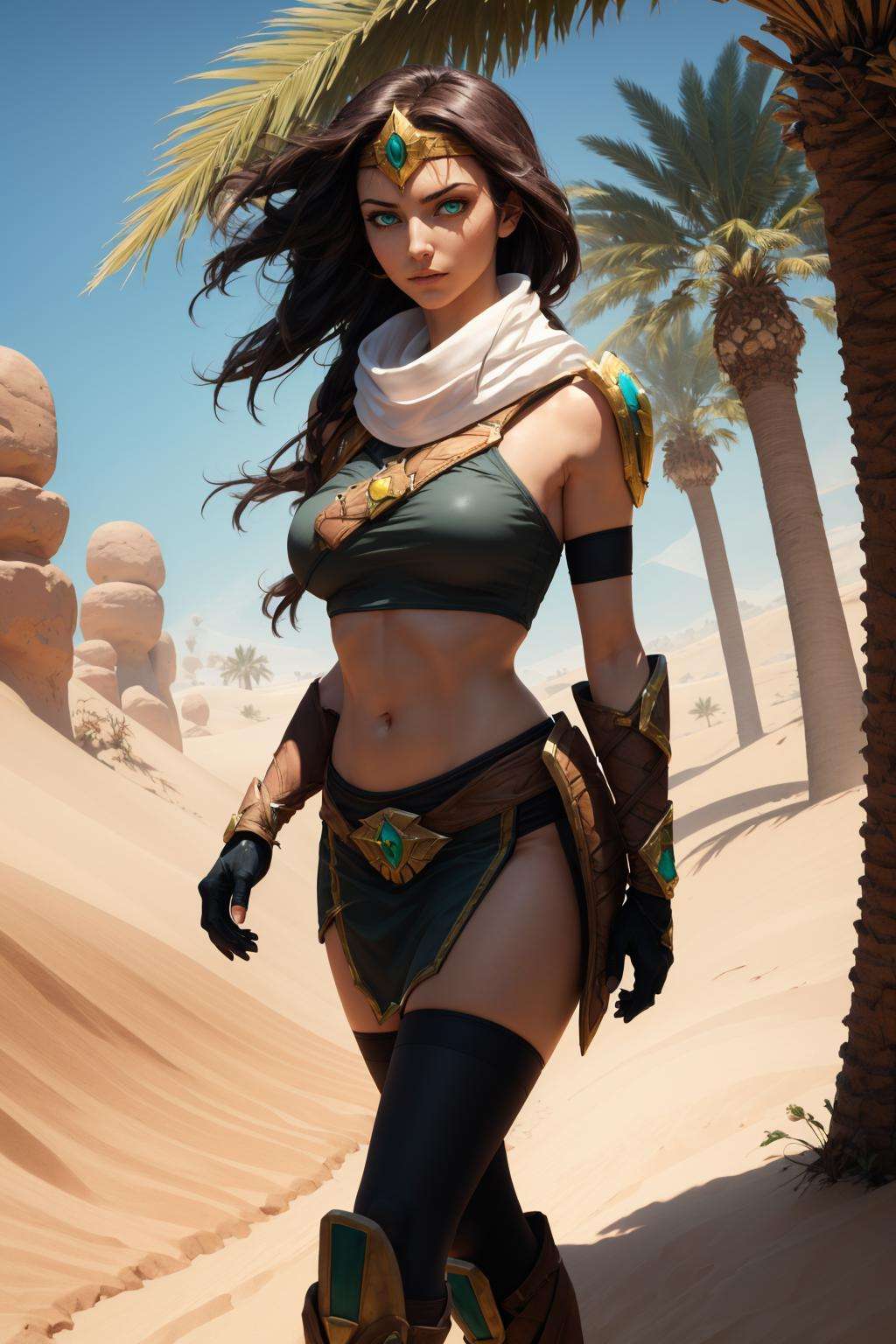 masterpiece, best quality, sivir, circlet, white scarf, bandeau, gauntlets, pelvic curtain, thighhighs, boots, shiny skin, large breasts, from side, walking, looking at viewer, serious, furrowed brow, desert, palm trees, sandstorm <lora:sivir-nvwls-v2-000012:0.9>