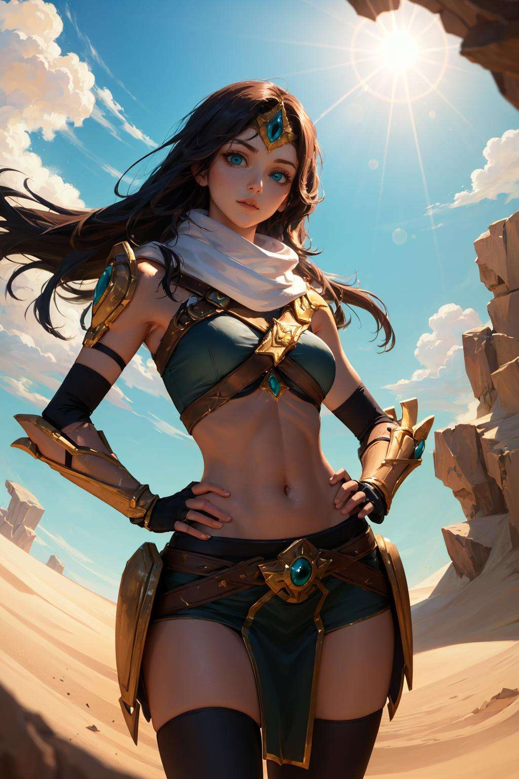 masterpiece, best quality, sivir, circlet, white scarf, bandeau, gauntlets, pelvic curtain, thighhighs, upper body, standing, from below, shiny skin, medium breasts, looking at viewer, hands to hips, desert, sun, lens flare <lora:sivir-nvwls-v2-000012:0.9>