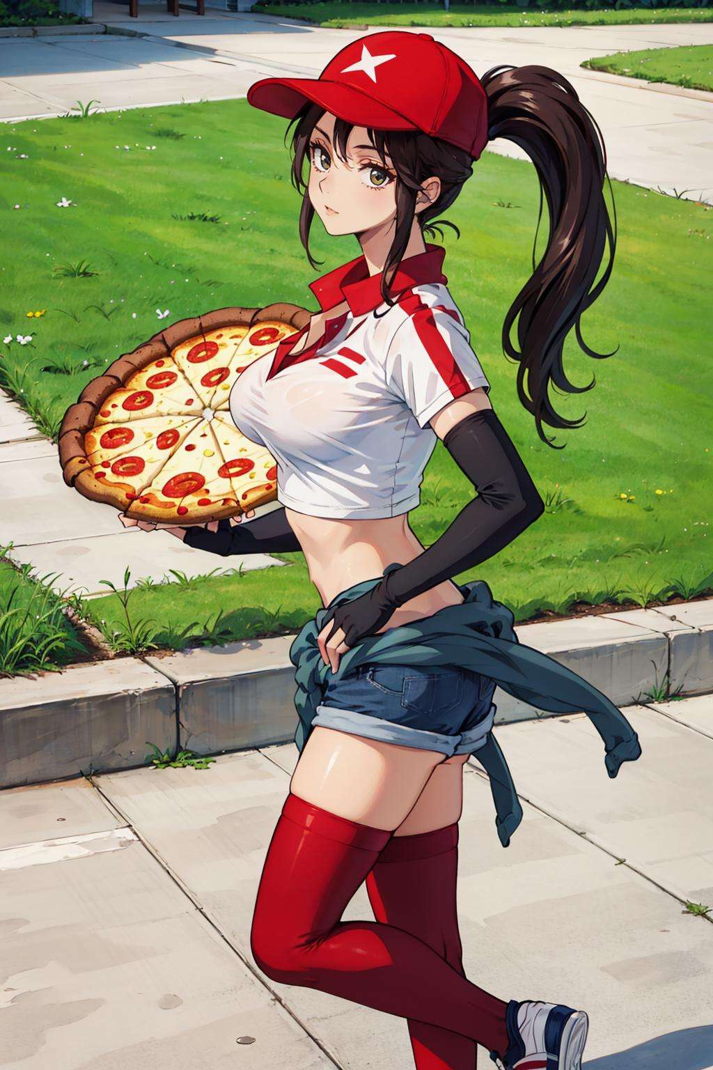 masterpiece, best quality, pdsivir, baseball cap, ponytail, white crop top, elbow gloves, short shorts, clothes around waist, red thighhighs, large breasts, sneakers, holding a pizza, street, house, sidewalk, lawn, from side <lora:sivir-nvwls-v2-000012:0.9>