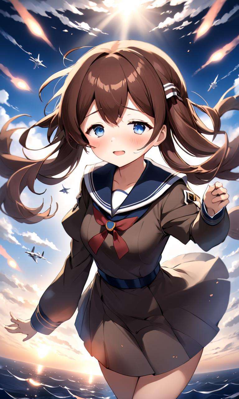 masterpiece, high quality, 8k, beautiful lighting, 1girl, solo, <lora:anime_sdxl_v1:0.75> cosplay, admiral kancolle, admiral kai ni kancolle, artist name, black sailor collar, blue eyes, blush, brown hair, closed eyes, comic, commentary request, cosplay, dated, dress, flying sweatdrops