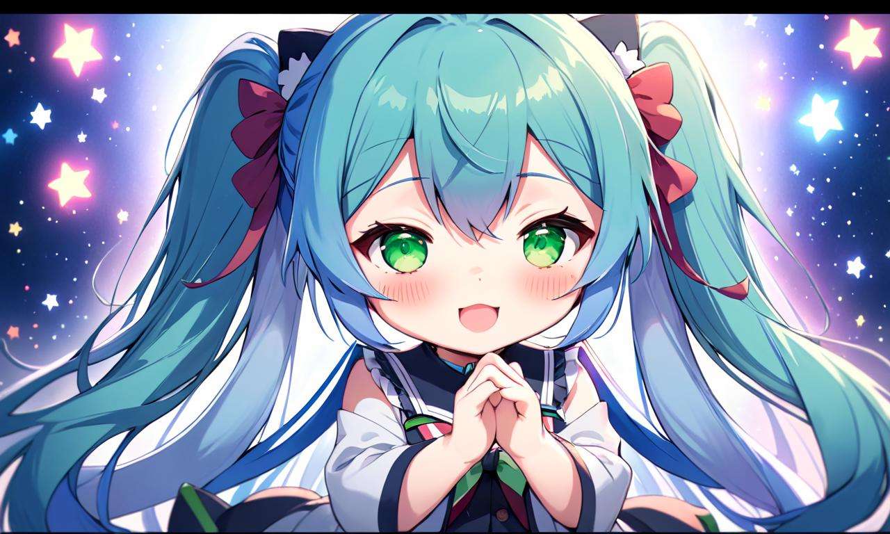 masterpiece, high quality, 8k, beautiful lighting, 1girl, solo, <lora:anime_sdxl_v1:0.75>, anime coloring, animated, blinking, blue hair, blush stickers, chibi, closed eyes, commentary, english commentary, engrish text, fang, full body, green eyes, holding hands, hololive, kukie-nyan, long hair, looking at viewer, low twintails, mixed media
