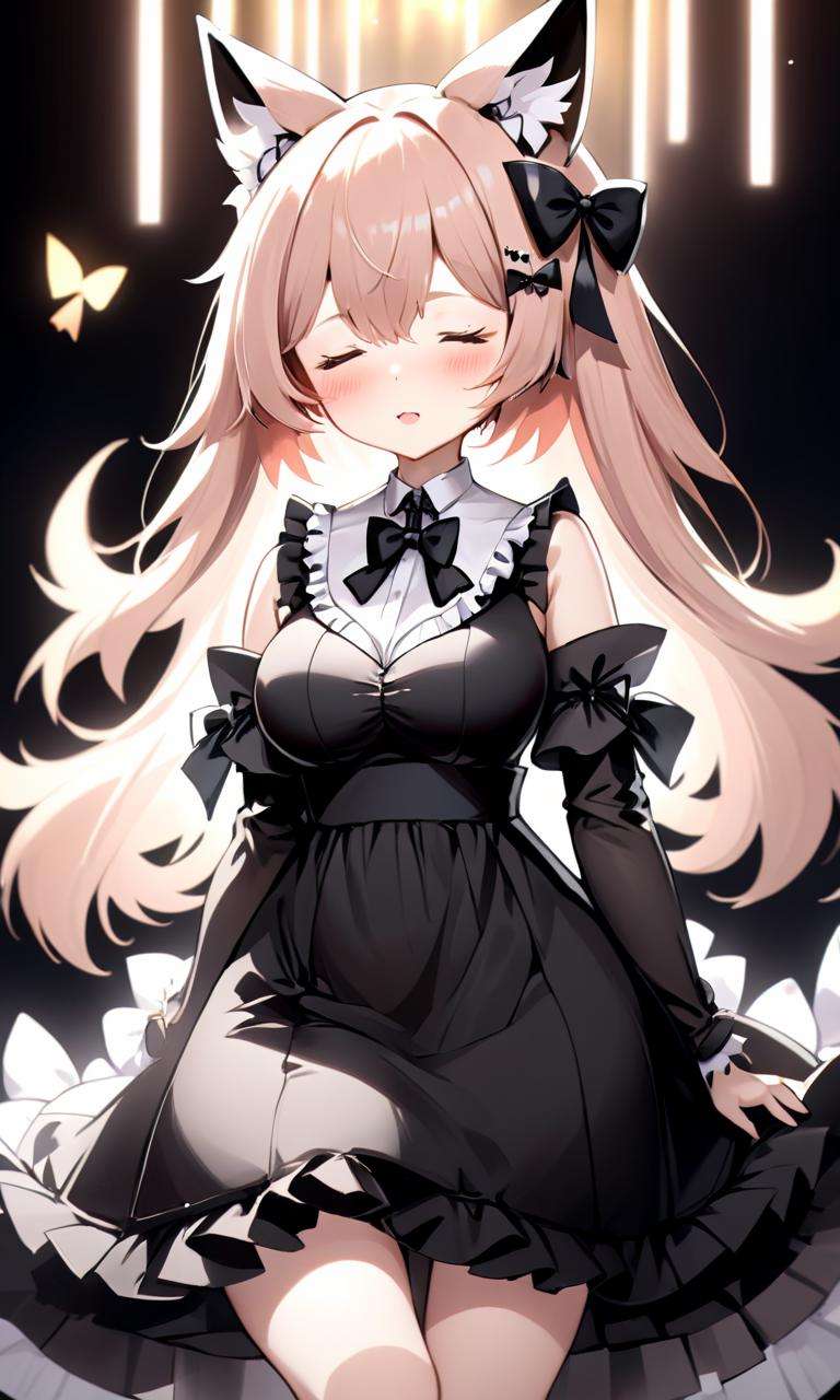 masterpiece, high quality, 8k, beautiful lighting, 1girl, solo, <lora:anime_sdxl_v1:0.75> o^, absurdres, alternate costume, animal ears, arknights, black bow, black bowtie, blush stickers, bow, bowtie, breasts, closed eyes, commentary, cropped torso, detached sleeves, dress, english commentary, facing another, fang, frilled dress