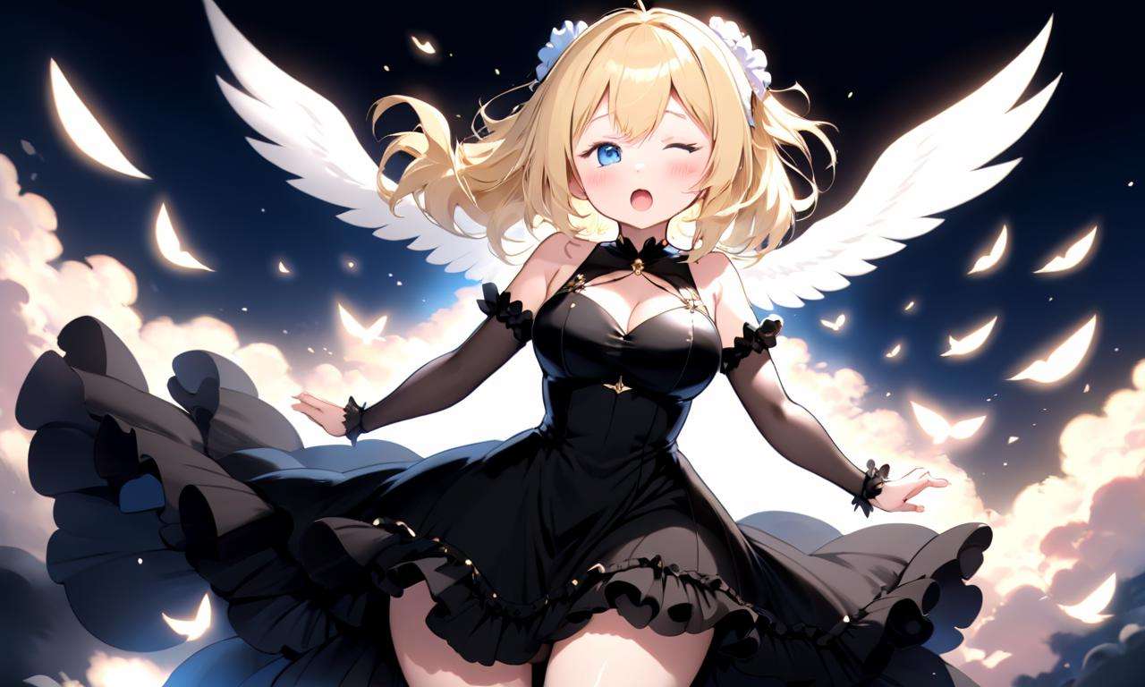 masterpiece, high quality, 8k, beautiful lighting, 1girl, solo, <lora:anime_sdxl_v1:0.75> absurdres, alternate costume, artist name, bad id, bad twitter id, black dress, blonde hair, blue eyes, blush, breasts, closed eyes, closed mouth, commentary, dress, english text, engrish text, facing viewer, fang, flying sweatdrops, frills