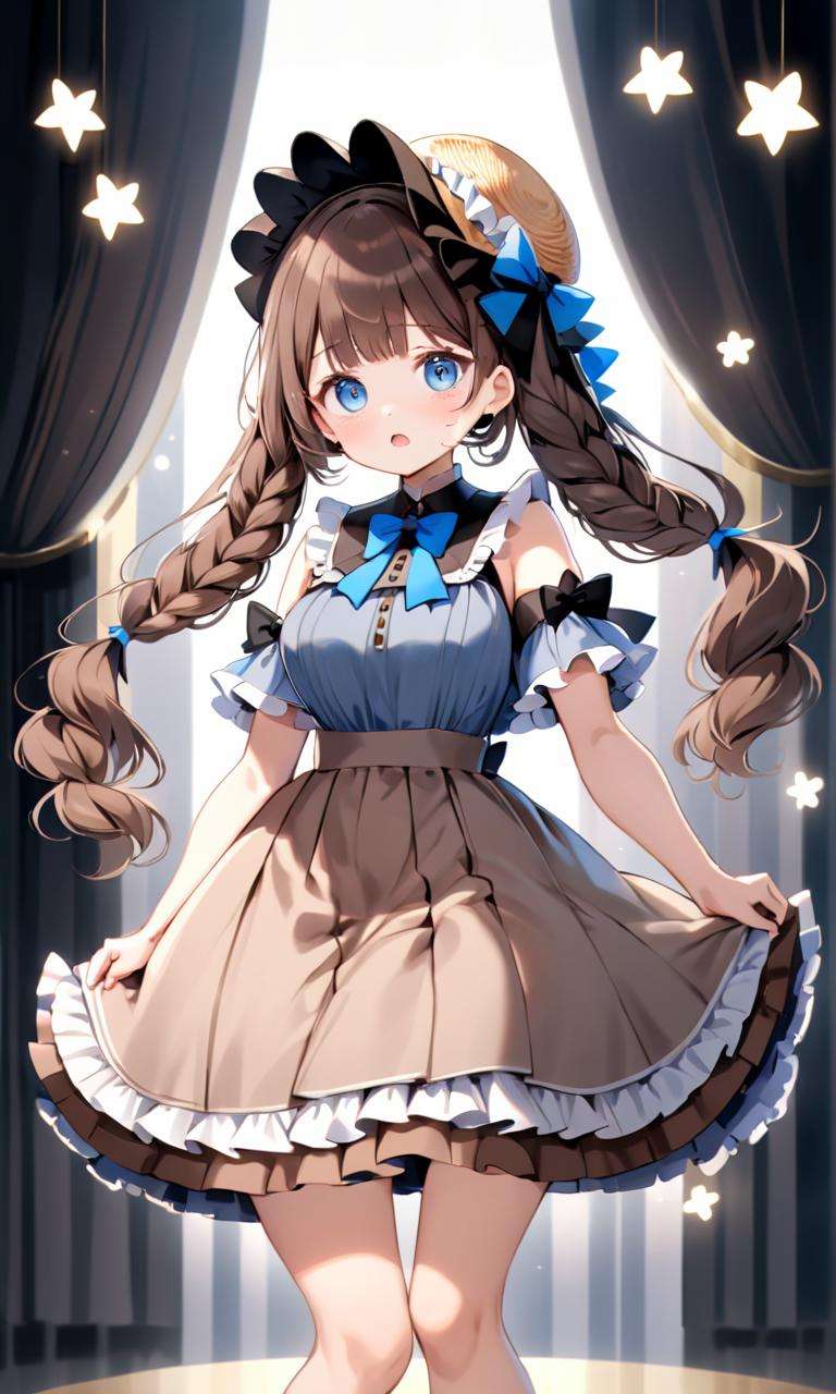 masterpiece, high quality, 8k, beautiful lighting, 1girl, solo, <lora:anime_sdxl_v1:0.75> ordee>, absurdres, ahoge, bangs, black bow, blue eyes, blush stickers, bow, braid, breasts, brown hair, closed mouth, commentary request, dress, frilled dress, frills, full body, grey footwear, grey skirt, hair bow, hand up, hat, head