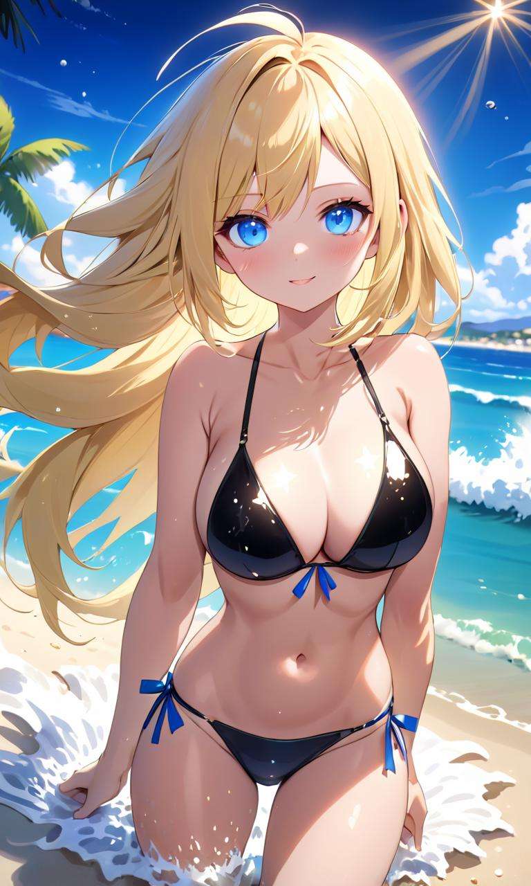 masterpiece, high quality, 8k, beautiful lighting, 1girl, solo, anime, <lora:anime_sdxl_v1:0.75>,sexy, hot, attractive, huge breasts, at the beach, splashign water, black bikini, blonde hair, blue eyes, sapphire eyes, looking at the viewer, absurdres, very detailed, very high resolution, highres, stunning, summer time, wink, twinkle aircraft, white