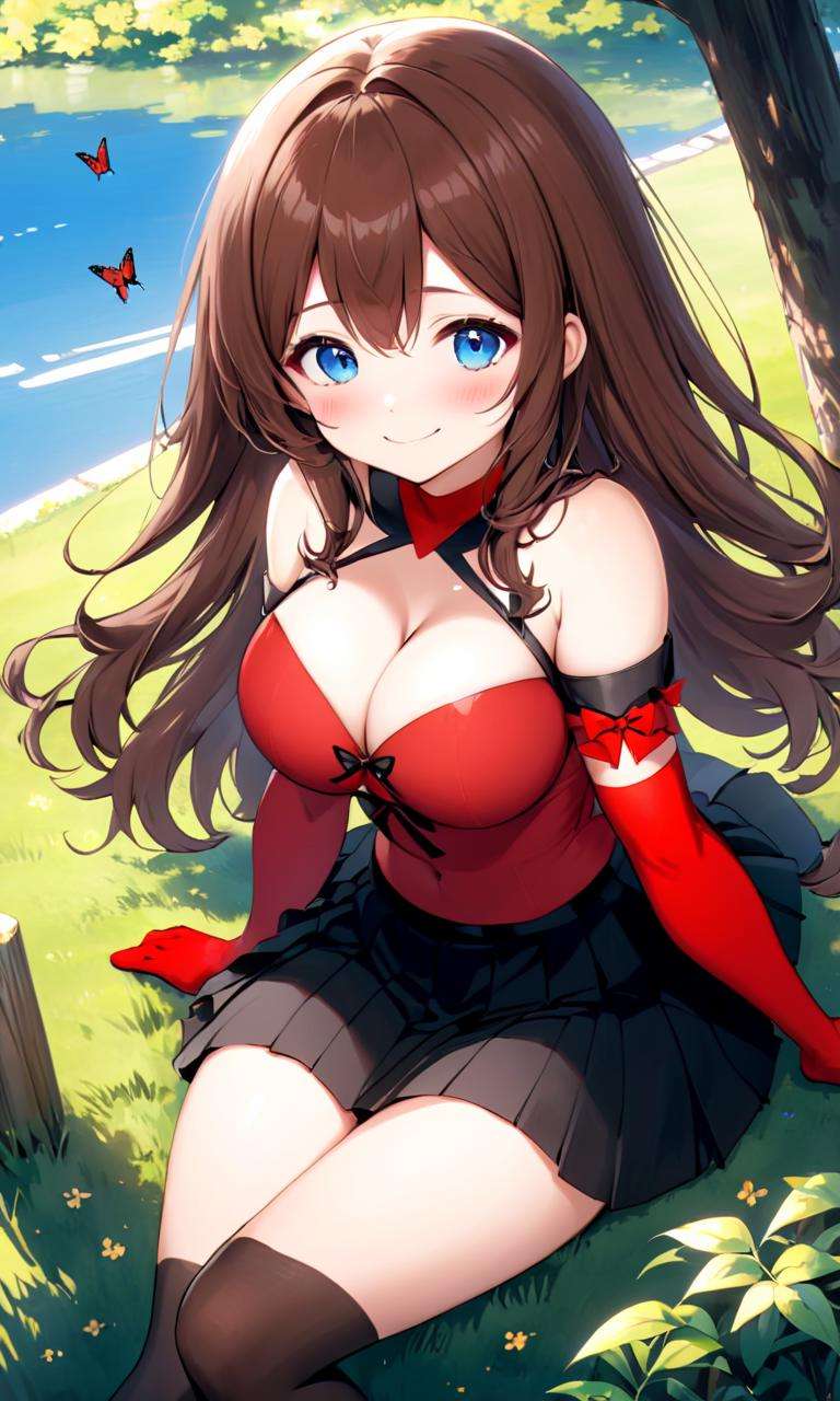 masterpiece, high quality, 8k, 1girl, solo, anime, <lora:anime_sdxl_v1:0.75>, cute, shy, blushing, looking at the viewer, smiling, red top, shoulder free, arm gloves, zettai ryouiki, thighhighs, kneesocks, black skirt, outdoors, brown hair, blue eyes, mature, 18 years old girl, sitting, corssed legs, v shaped top, large breasts, visible breasts, open cleavage, cleavage cutout, ribbon, butterfly hair ornament, 