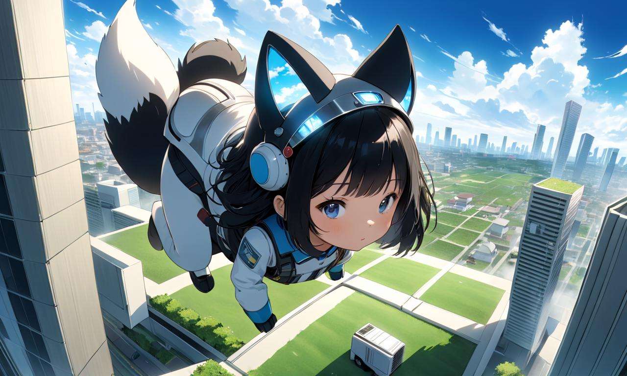 masterpiece, high quality, 8k, beautiful lighting, 1girl, solo, <lora:anime_sdxl_v1:0.75> absurdres, air conditioner, artist name, black hair, blue sky, building, cityscape, cloud, cloudy sky, commentary request, day, fantasy, floating, from above, grass, ground vehicle, headlight, helmet, highres, holding, kuroneko yuuki, letterboxed
